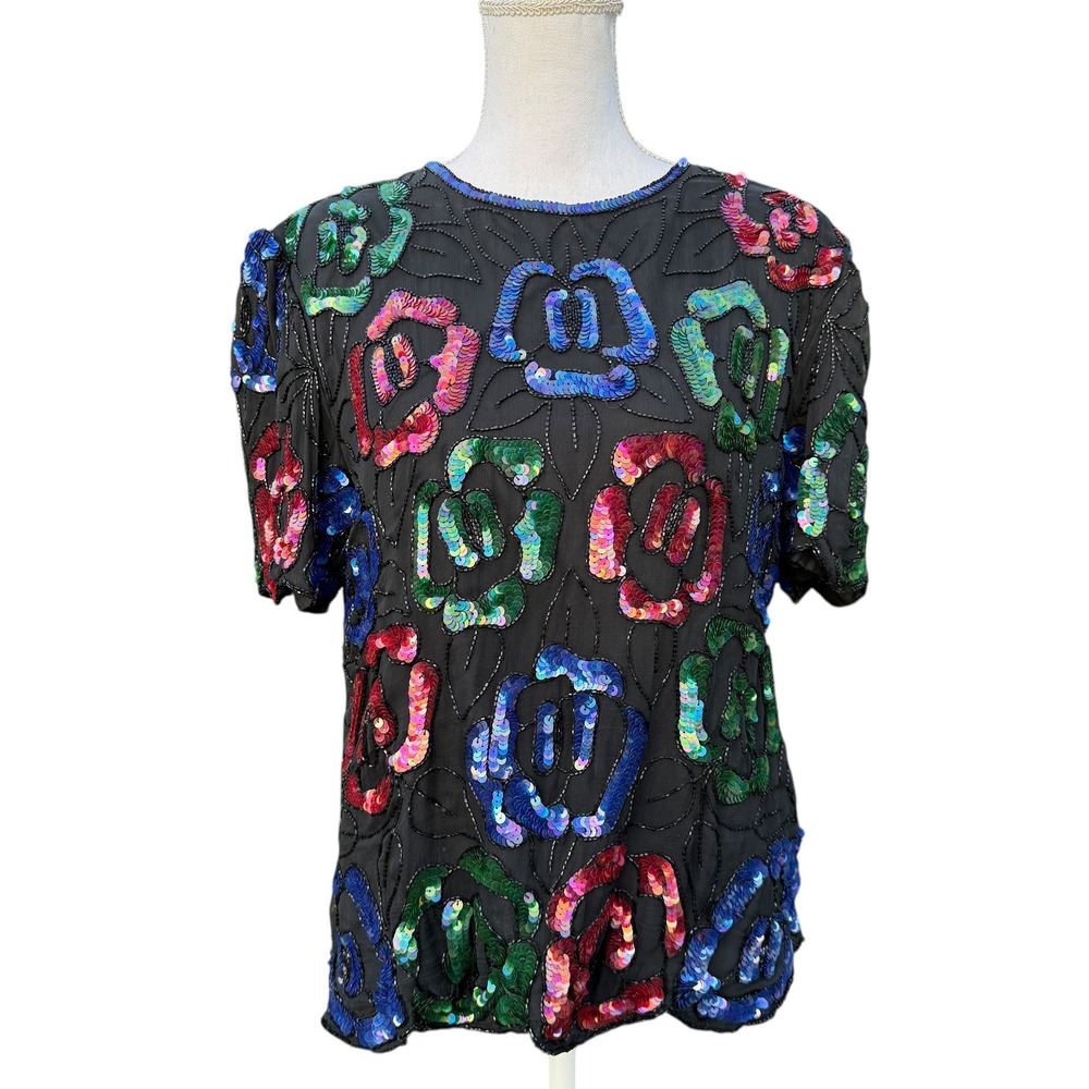 Lawrence‎ Kazar Black Beaded Sequin Rose Top Blouse Women's Size PM
